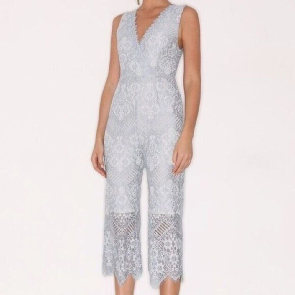 Foxiedox‎ Ice Blue Lace Sleeveless Faux Wrap Front Pants Jumpsuit Formal Size XS